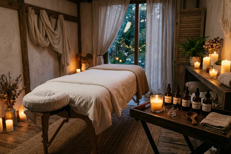 A peaceful and warm room prepared for a sensual massage with candles and oils.