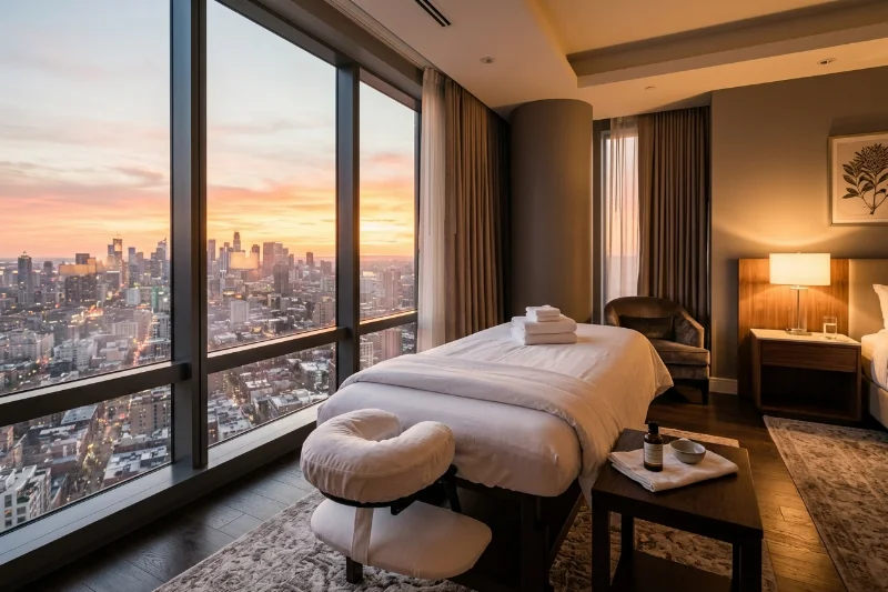 A luxury hotel room prepared for a private in-room massage session with a view.